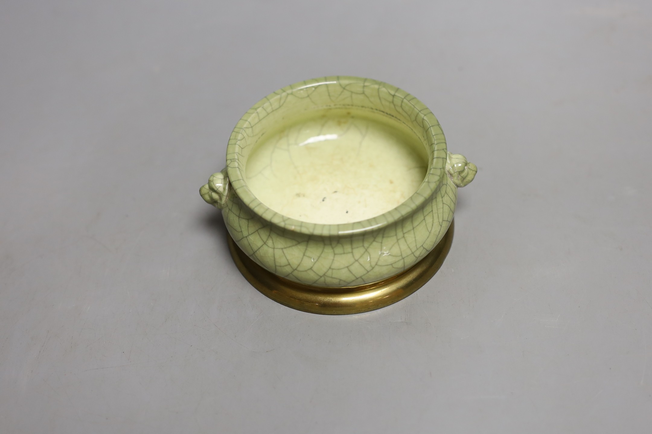 A Chinese crackle glaze Ge type censer, brass mounted base, 12cm handle to handle